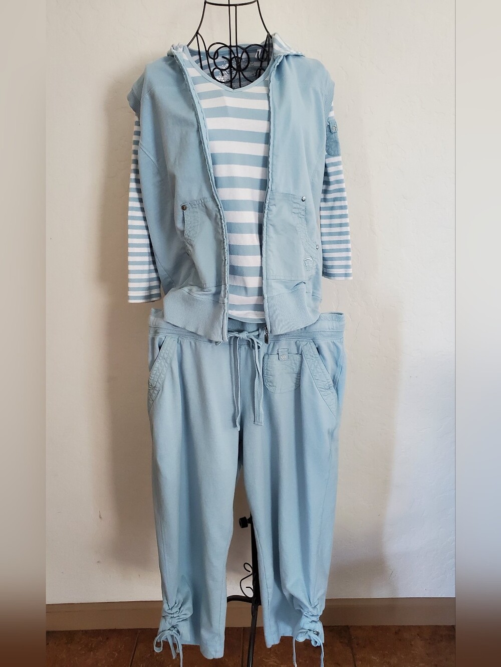 NWOT 3 Piece Pastel Blue Set. Hoodie Vest, Striped Top & Capri Pants